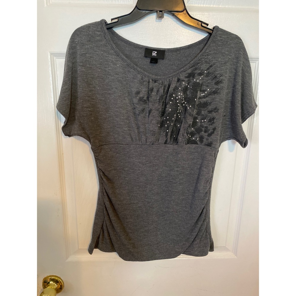 IZ Byer California Gray Empire Waist Top Studded Animal Print Short Sleeve Large